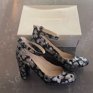 Marc Fisher Black and Silver Floral Heels